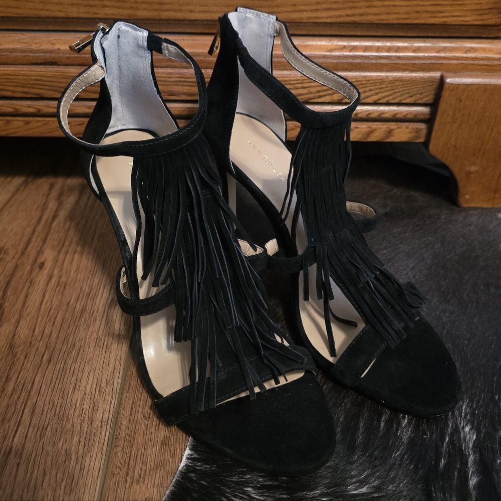 Sexy Black Suede Fringe Antonio Melani Heels, Women's 8